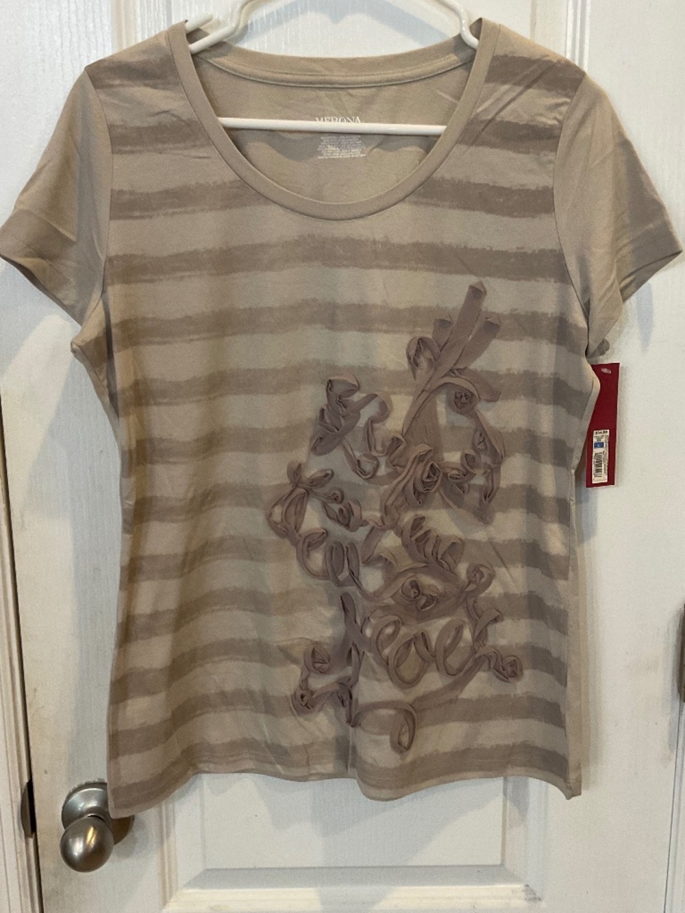 Merona Tan Striped Short Sleeve 3D Fabric Front T-Shirt - Large - NWT